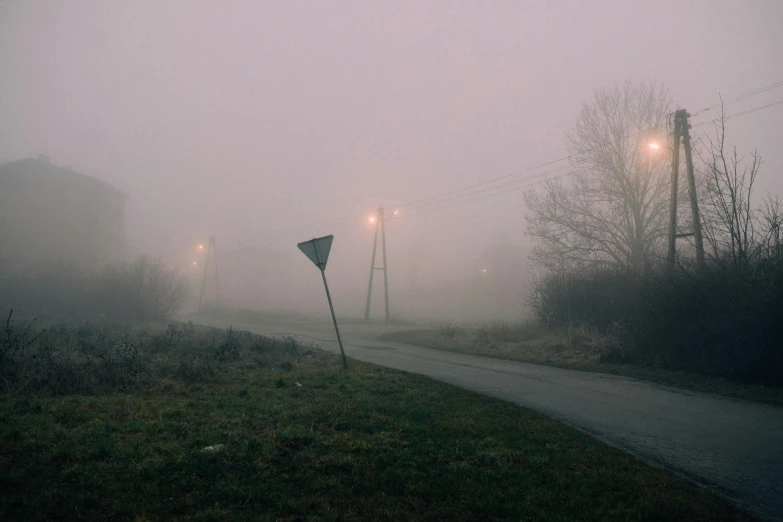 a street sign sitting on the side of a road, inspired by Elsa Bleda, pexels contest winner, postminimalism, dense ground fog, szekely bertalan. atmospheric, by emmanuel lubezki, pink mist