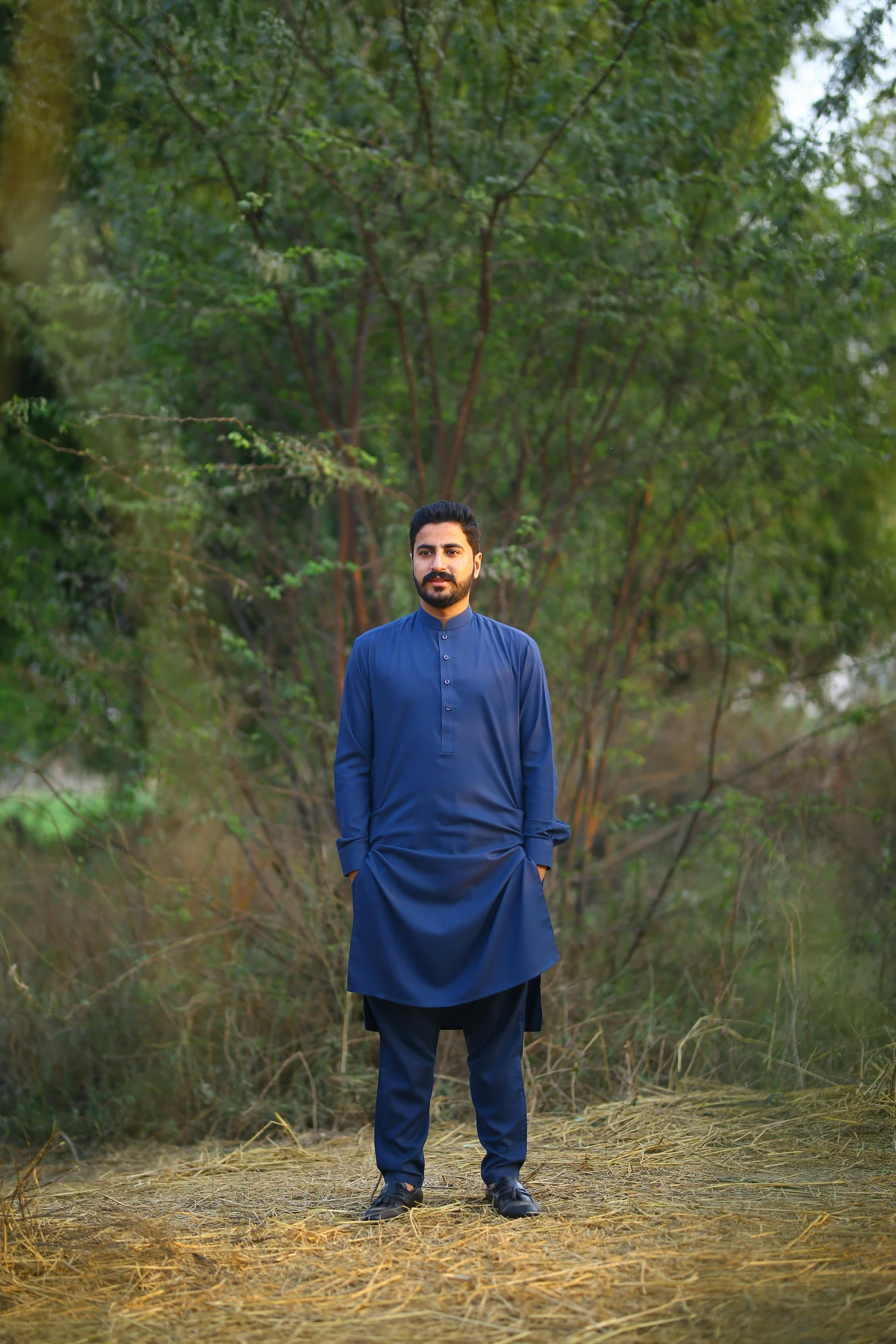 a man standing in the middle of a field, by Riza Abbasi, visual art, dressed in blue, wearing a kurta, lookbook, programming