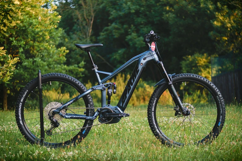 a bike sitting on top of a lush green field, erebos’s titan, profile image, full product shot, placed in a lush forest