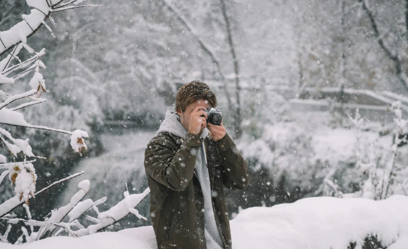 a man taking a picture in the snow, a picture, pexels contest winner, casually dressed, gif, ansel ], cute photo