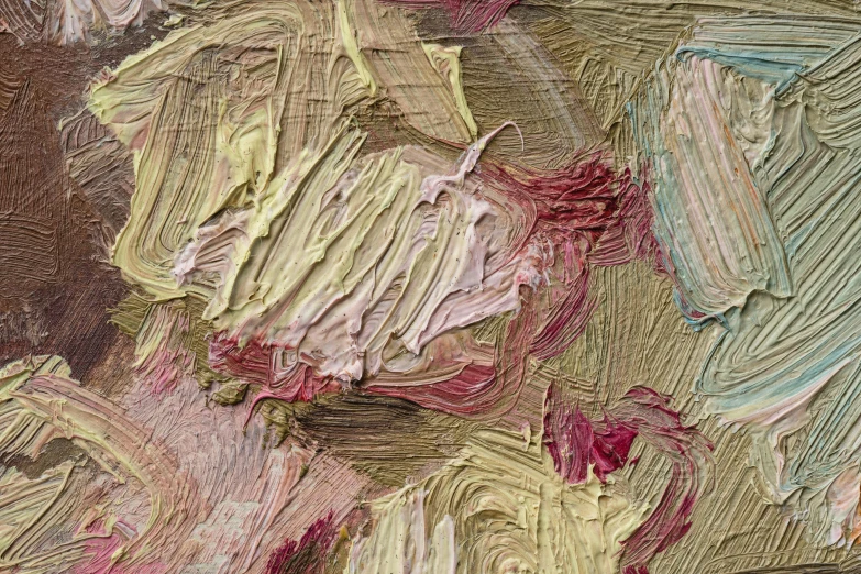 a close up of a painting on a canvas, inspired by Frank Auerbach, draped in fleshy green and pink, beige, philip coles, pitt