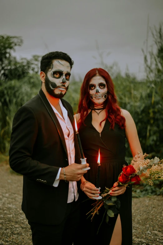 a man and a woman standing next to each other, pexels contest winner, international gothic, ( el dia los muertos ), promo image, attractive, romantic
