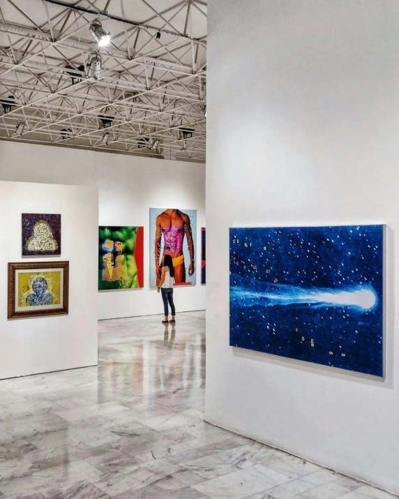 a couple of paintings hanging on the side of a wall, pexels contest winner, feminist art, halls of space, panoramic shot, galaxy, art foreground : eloy morales