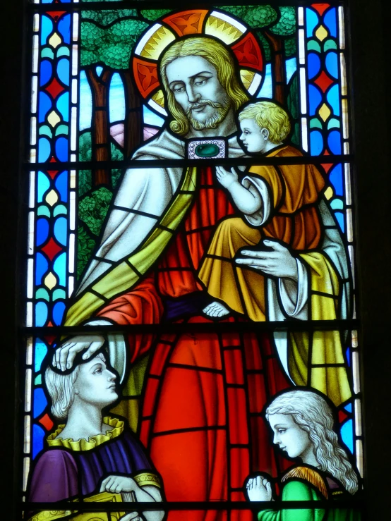 a stained glass window with a picture of jesus holding a child, by Kev Walker, 1857, scarlet and yellow scheme, on his right hand, meticulous detail