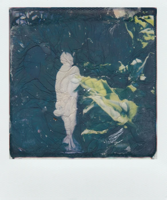 a close up of a picture of a person on a skateboard, a polaroid photo, by Julian Schnabel, happening, in a pond, cyanotype, 2 0 1 0 s, lianas