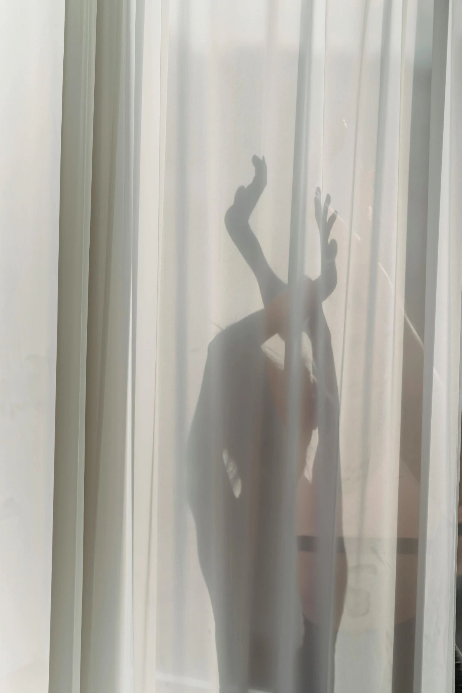 a man standing behind a curtain in front of a window, by Emily Shanks, pexels contest winner, conceptual art, reindeer made out of shadows, summer morning, ignant, scary pose