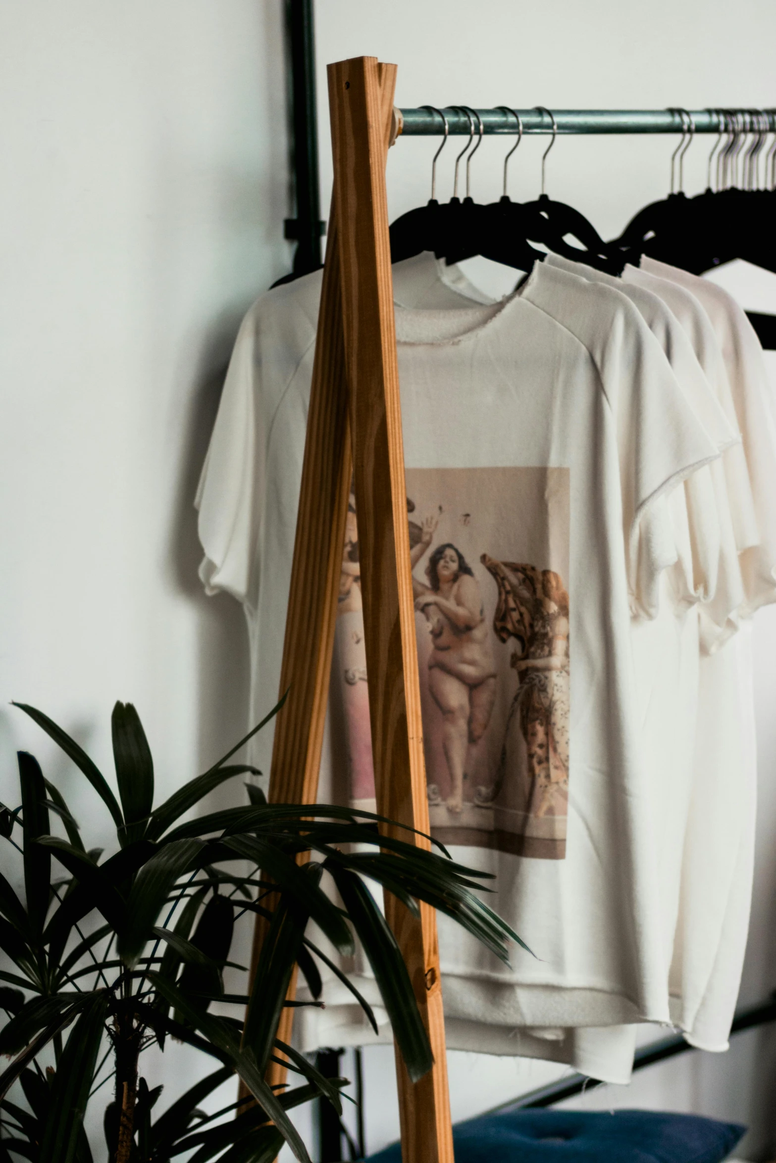 a white t - shirt hanging on a clothes rack next to a potted plant, a silk screen, trending on unsplash, renaissance, wooden statue, indoor picture, vintage photograph, wear's beige shirt