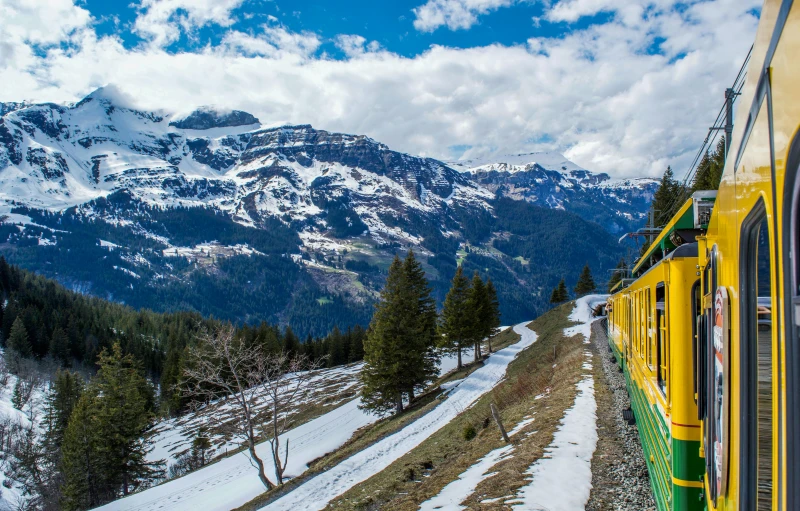 a yellow and green train traveling past a snow covered mountain, photos, swiss, lush surroundings, avatar image