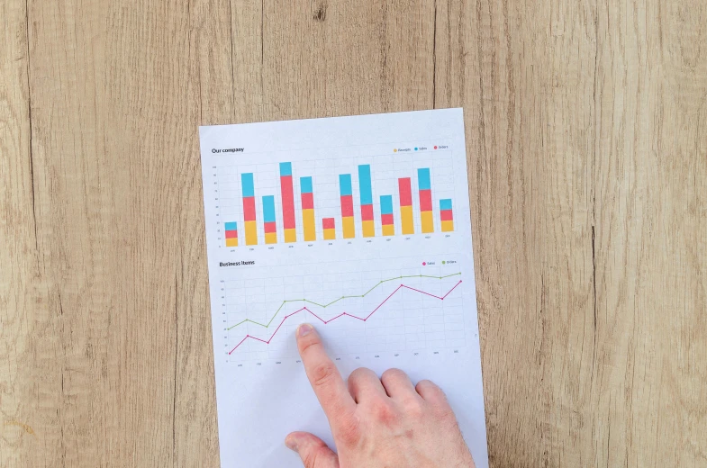 a person pointing at a graph on a piece of paper, by Matthias Stom, trending on unsplash, 🦩🪐🐞👩🏻🦳, on a wooden table, coloured photo, infography