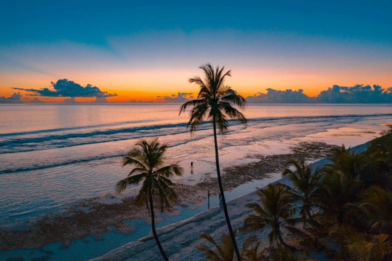 a beach at sunset with palm trees in the foreground, pexels contest winner, renaissance, drone photograpghy, caribbean, thumbnail, amanda lilleston