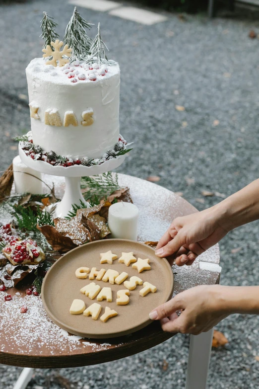 a person cutting a cake on top of a table, christmas, detailed letters, exterior shot, place setting