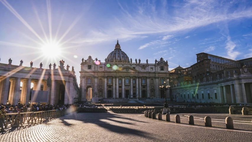 the sun shines brightly in front of the st peter's basilica, a photo, pexels contest winner, neoclassicism, warm sunlight shining in, promo image, on a great neoclassical square, multicoloured