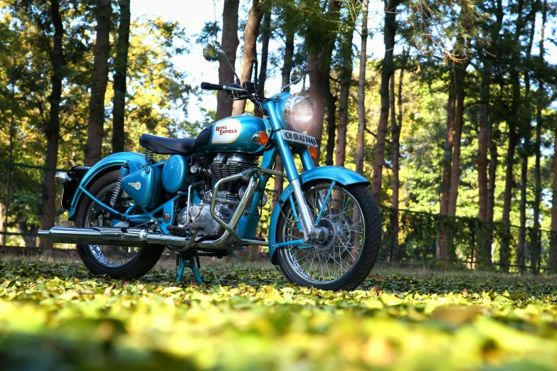 a blue motorcycle parked in the middle of a forest, a portrait, pexels contest winner, photorealism, looking regal and classic, indian style, 15081959 21121991 01012000 4k, cyan and green