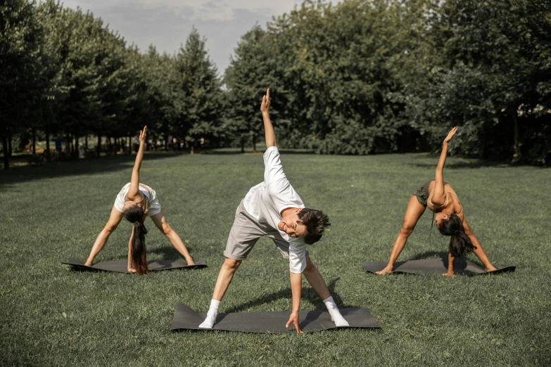 a group of people doing yoga in a park, pexels contest winner, figuration libre, triangle, cardboard, profile image, thumbnail