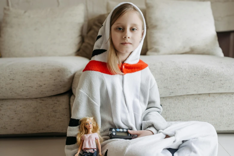 a little girl sitting on the floor with a doll, inspired by Sarah Lucas, pexels contest winner, in a hoodie, artificial intelligence princess, wearing a white robe, anorexic figure