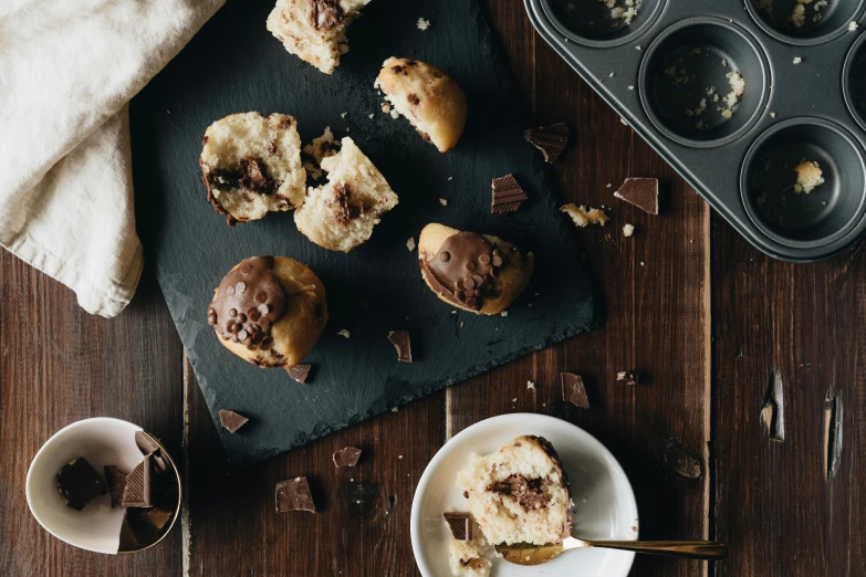 a couple of muffins sitting on top of a table, by Emma Andijewska, trending on pexels, smothered in melted chocolate, steamed buns, flatlay, thumbnail