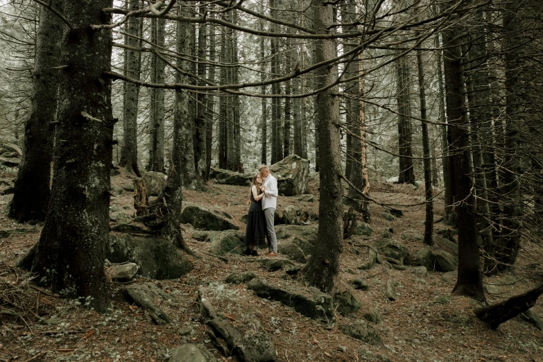 a couple standing next to each other in a forest, by Emma Andijewska, pexels contest winner, renaissance, 2 5 6 x 2 5 6 pixels, on the mountain, grey, slide show