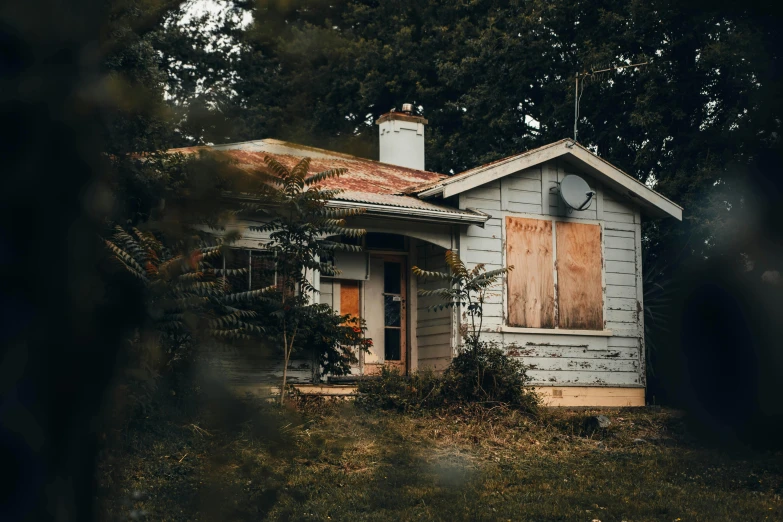 a house sitting in the middle of a forest, an album cover, pexels contest winner, boarded up, in a suburb, shot on 1 5 0 mm, thumbnail