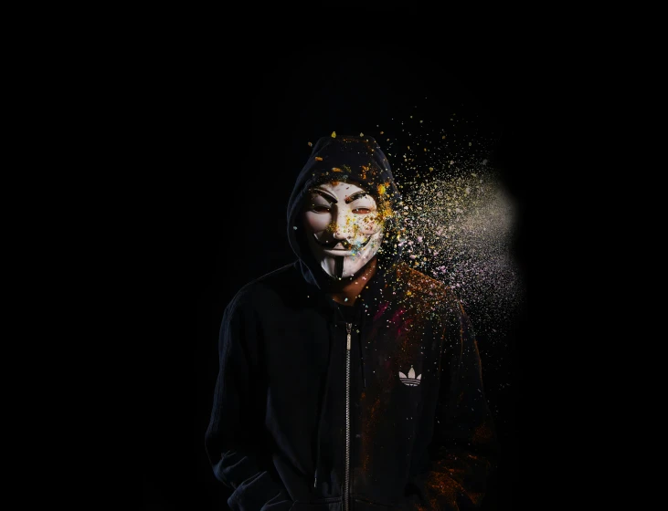 a man wearing a mask standing in the dark, vector art, pexels contest winner, graffiti, scratches on photo, freedom fighter, coloured photo, golden mask