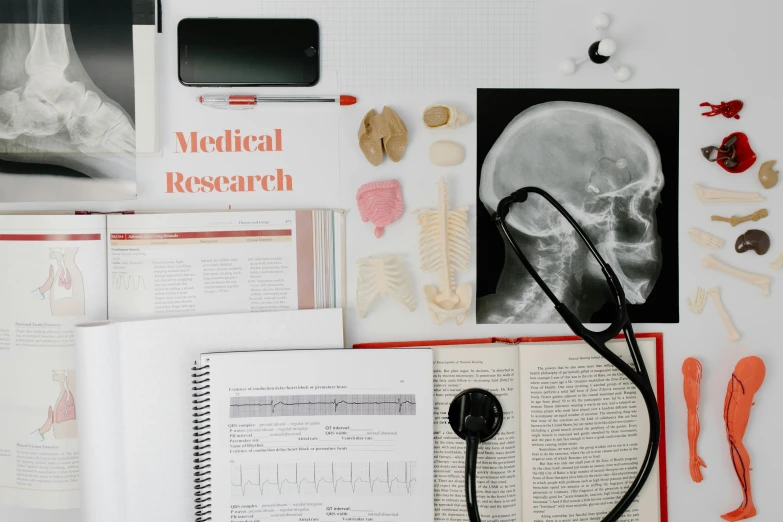 a book sitting on top of a table next to a stethoscope, trending on pexels, analytical art, anatomical notes with labels, in a research facility, poster template on canva, brains