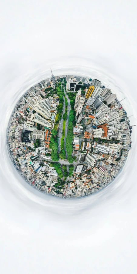 a picture of an aerial view of a city, by Joze Ciuha, circular planet behind it, panoramic shot, ilustration, eyelevel perspective image