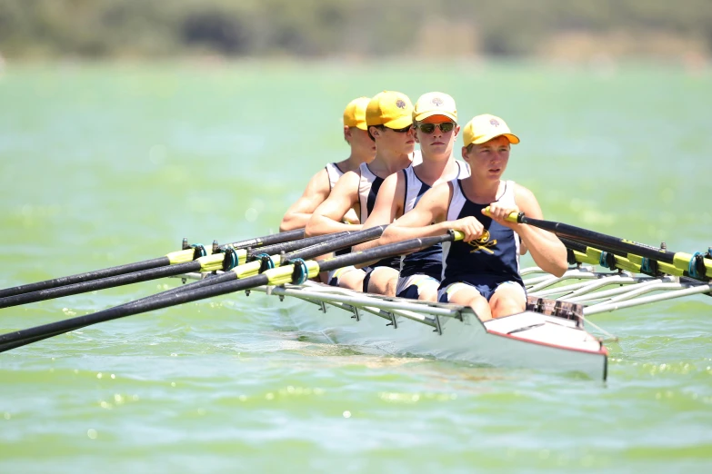 a group of men rowing across a body of water, lachlan bailey, white and yellow scheme, 4k photo”, college