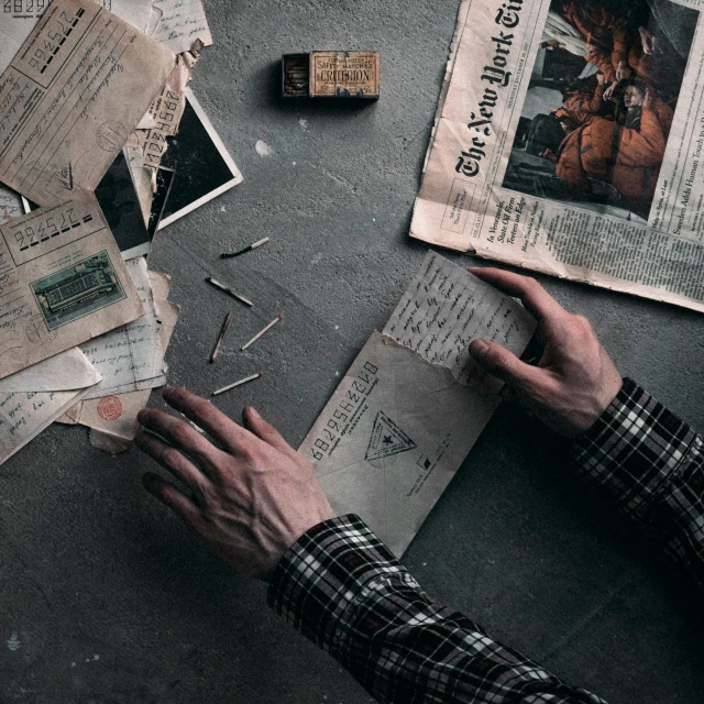 a man sitting at a table working on a piece of paper, an album cover, pexels contest winner, visual art, newspaper clippings, dark eerie photo, overhead shot, letterboxing