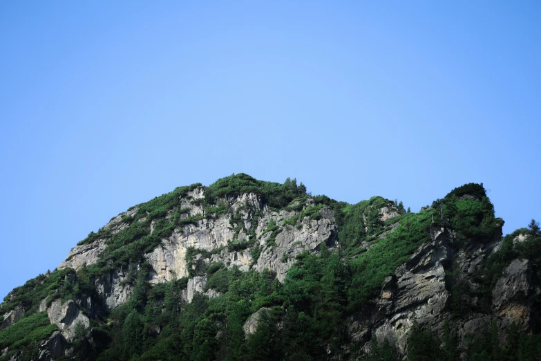 a group of sheep standing on top of a lush green hillside, by Sengai, unsplash, sōsaku hanga, photo taken from a boat, clear blue sky, new hampshire mountain, extremely detailed rocky crag