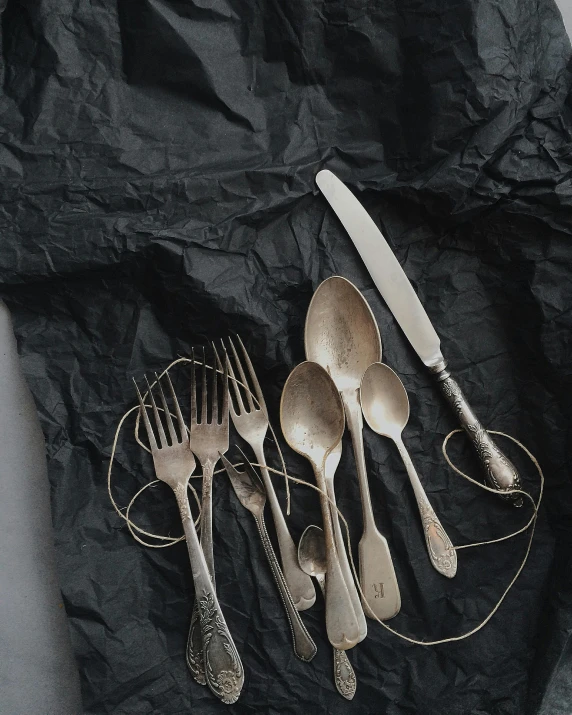 a bunch of silverware sitting on top of a table, a still life, by Helen Stevenson, pexels contest winner, on dark paper, strings, flatlay, distressed