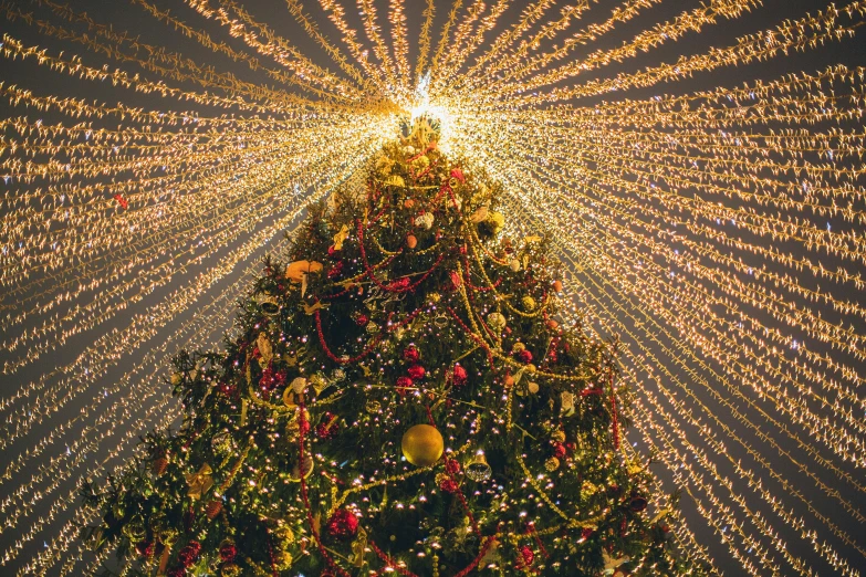 a christmas tree is lit up with lights, by Aleksander Gierymski, pexels, conceptual art, wideangle pov closeup, full of golden layers, glittering stars scattered about, instagram photo