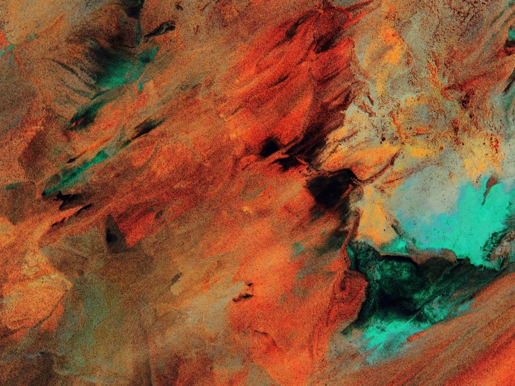 an abstract painting with orange and green colors, trending on unsplash, red dusty soil, satellite photo, lpoty, red sea