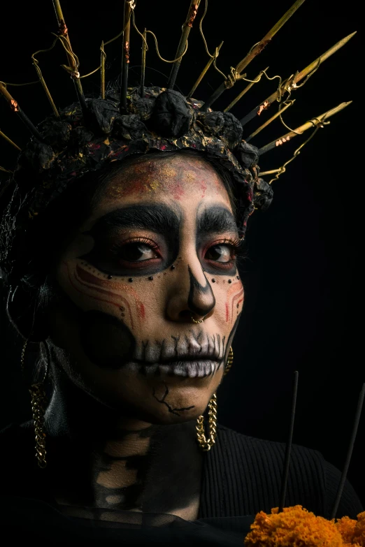 a close up of a person wearing a skull makeup, an album cover, by Alejandro Obregón, pexels contest winner, hyperrealism, aztec empress, gold crown and filaments, dark sorceress full view, kris kuksi