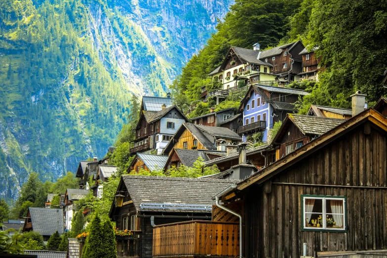 a group of houses sitting on top of a lush green hillside, by Julia Pishtar, pexels contest winner, renaissance, log cabin beneath the alps, avatar image