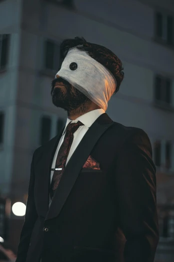 a man in a suit with a blindfold on his face, an album cover, inspired by Nicola Samori, pexels contest winner, eye patch, business attire, moon knight, someone lost job