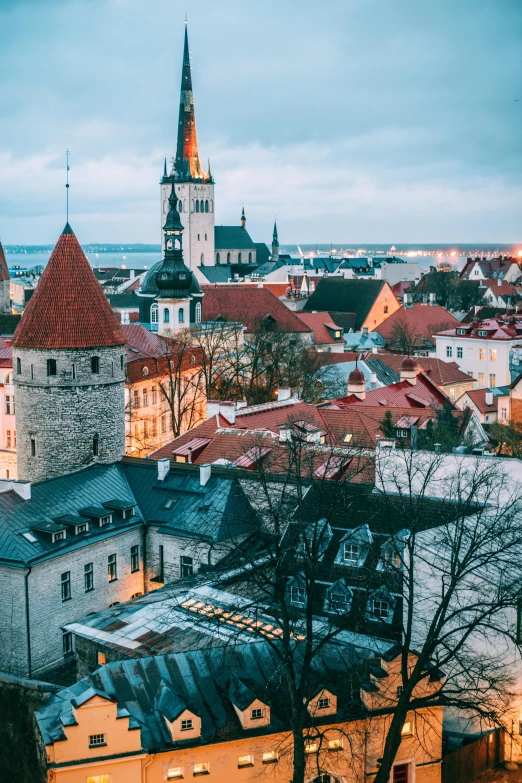 a view of a city from the top of a hill, by Julia Pishtar, unsplash contest winner, art nouveau, capital of estonia, twilight skyline, square, tiled roofs