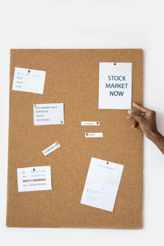 a person holding a piece of paper in front of a cork board, a picture, by Andries Stock, trending on pexels, trading stocks, die - cut sticker, product view, stick and poke