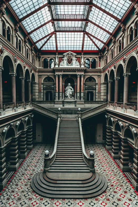 the inside of a building with a lot of stairs, inspired by Sydney Prior Hall, pexels contest winner, neoclassicism, 2 5 6 x 2 5 6 pixels, intricate castle interior, a wide open courtyard in an epic, dutch masterpiece