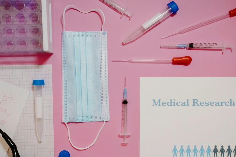 medical supplies laid out on a pink surface, an album cover, by Amelia Peláez, trending on pexels, syringe, masked doctors, 15081959 21121991 01012000 4k, blue print