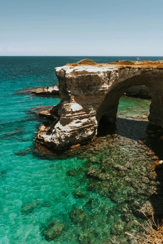 a large body of water next to a cliff, by Alexis Grimou, pexels contest winner, renaissance, white stone arches, bahamas, apulia, slide show