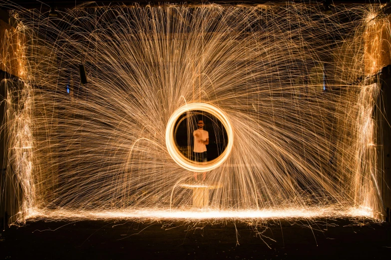 a person standing in front of a light painting, a stipple, pexels contest winner, ring of fire, steel wire, filling the frame, profile picture