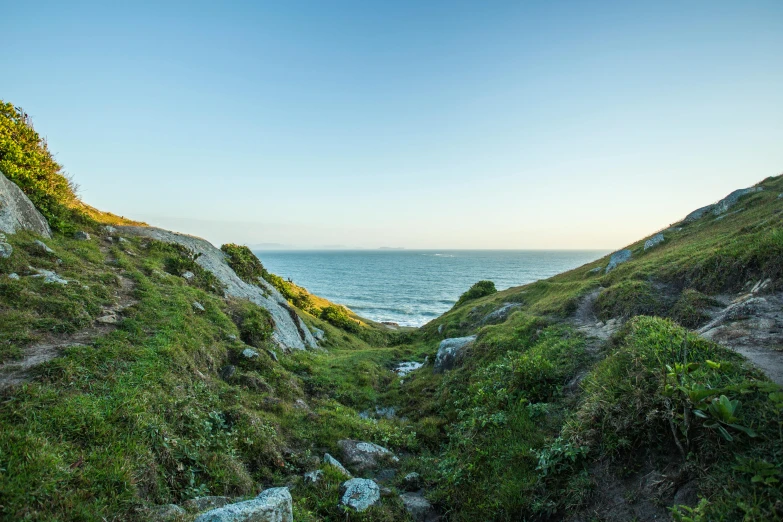 a river running through a lush green hillside next to the ocean, by Julian Allen, unsplash, happening, blue and clear sky, sundown, rocky ground with a dirt path, looking out over the sea