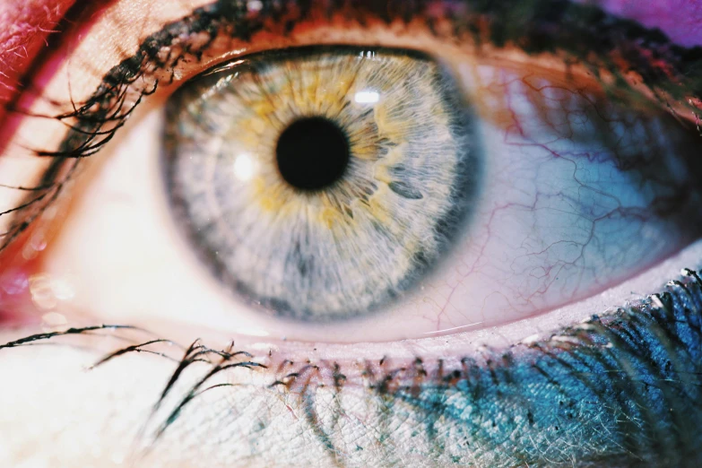 a close up of a close up of a person's eye, trending on pexels, multicoloured, grainy photorealistic, eyes). full body, heterochromia