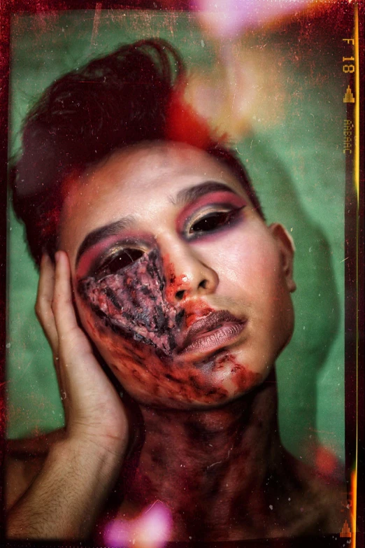 a woman with blood all over her face, an album cover, trending on pexels, transgressive art, ashteroth, non binary model, stitches, rotten green skin