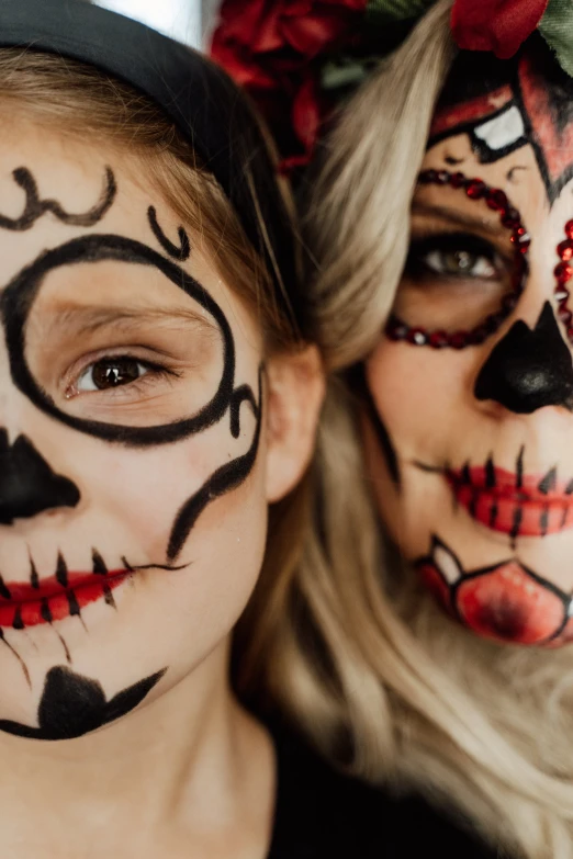 two girls with sugar skulls painted on their faces, a portrait, by Julia Pishtar, trending on pexels, square, family photo, cracks, header text”