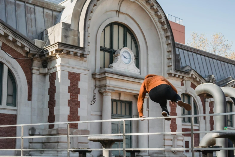 a man flying through the air while riding a skateboard, by Nina Hamnett, arabesque, french architecture, profile image, doing a backflip, multiple stories
