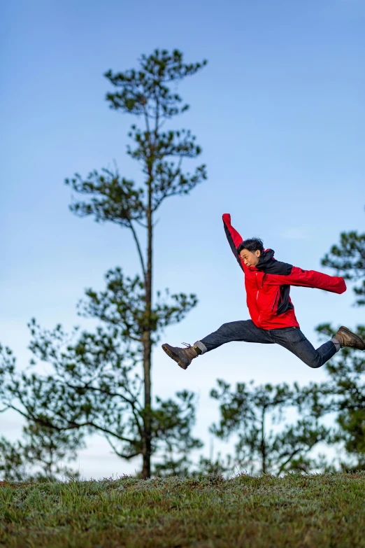 a person jumping in the air with a frisbee, inspired by Jan Rustem, happening, pine forests, manuka, skydiving, the red ninja