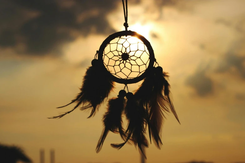 a close up of a dream catcher with the sun in the background, a cartoon, pexels contest winner, hurufiyya, black feathers, brown, medium - shot, outdoor photo