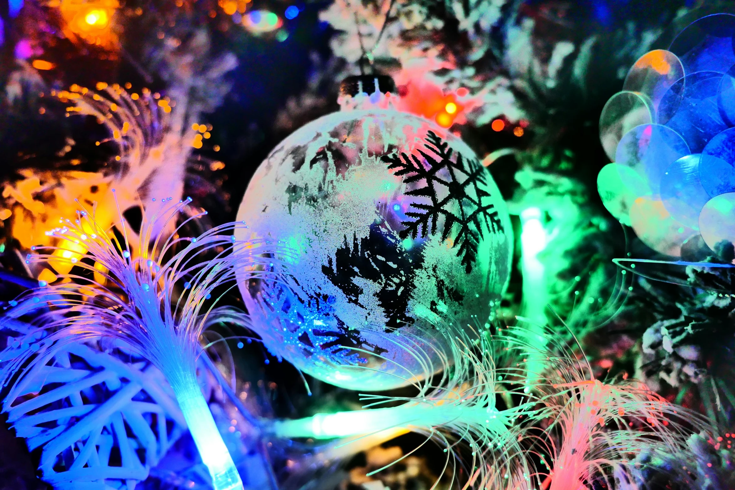 a close up of a christmas tree with colorful lights, a digital rendering, by Marie Bashkirtseff, pexels, bioluminescent orbs, glowing feathers, photo taken on a nikon, colorful”