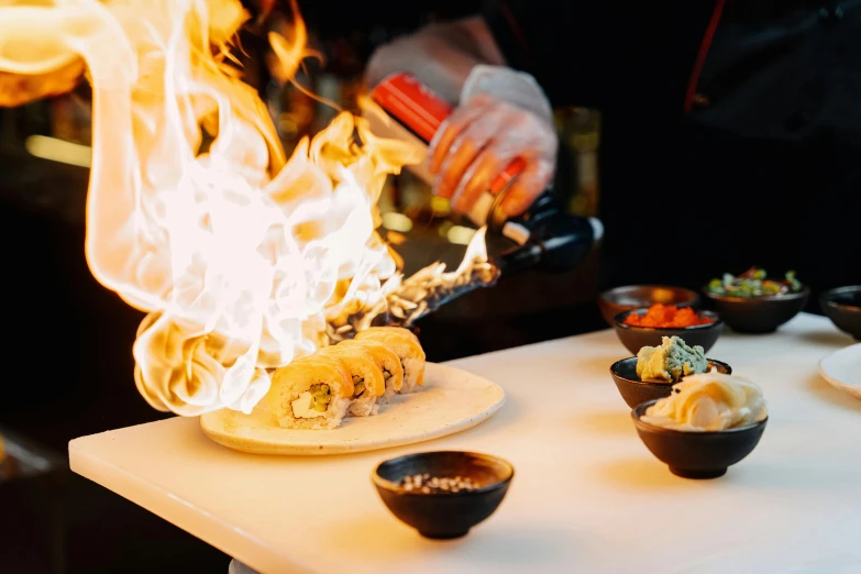 a close up of a plate of food on a table, unsplash, mingei, wielding fire, sushi, a flaming forest, profile image