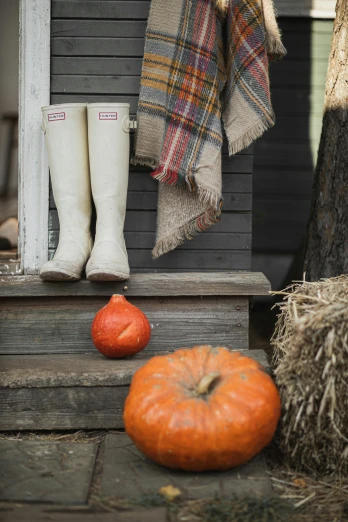 a pile of hay next to a pile of pumpkins, a portrait, by Jessie Algie, trending on unsplash, private press, riding boots, stood outside a wooden cabin, tartan scarf, off - white collection